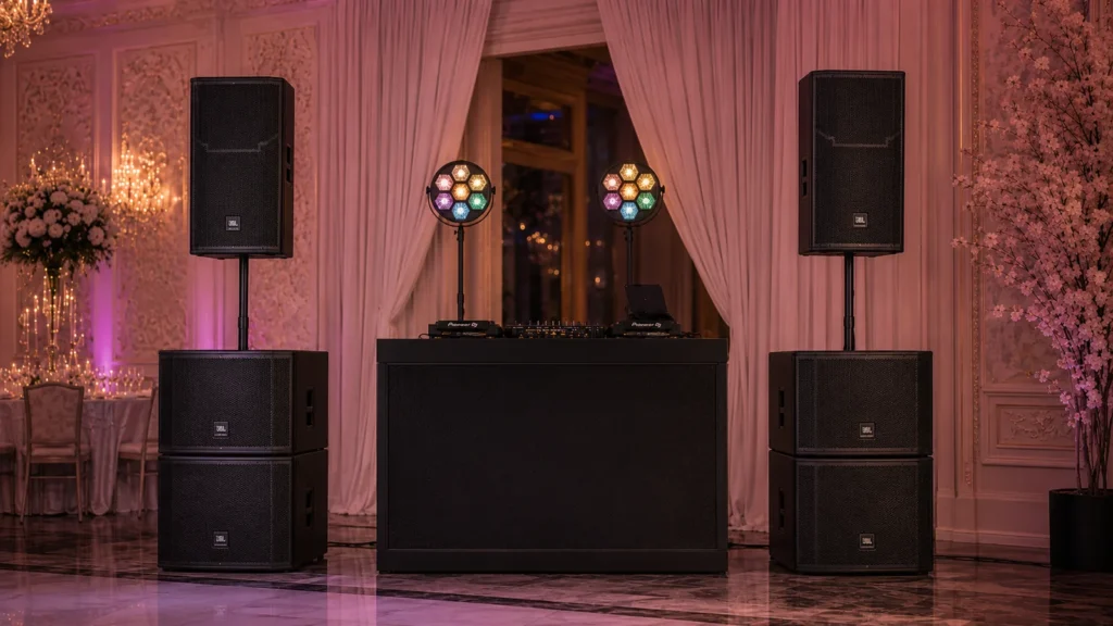 Profesionálny DJ setup so zvukom JBL, subwoofermi, DJ pultom a retro osvetlením na svadbu